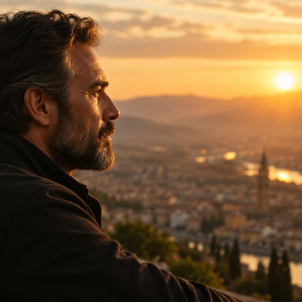 Homem contemplando o horizonte ao amanhecer